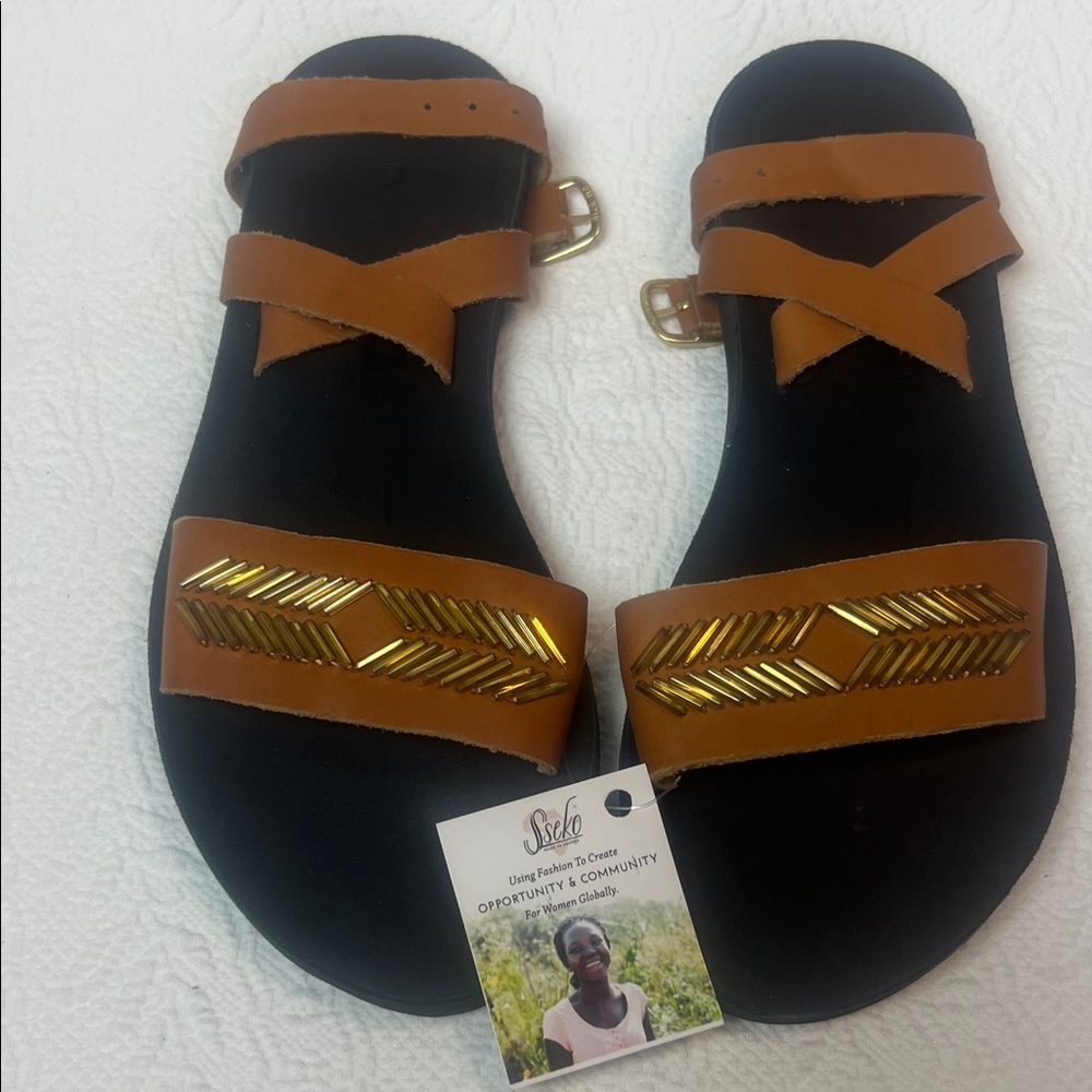 Sseko Brown with Gold Bead Accents Sarah Sandals- Narrow Toe Box